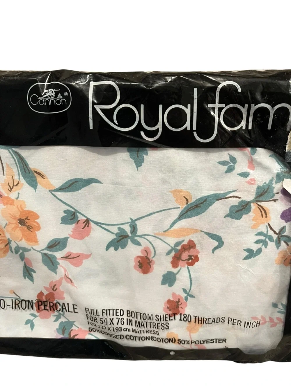 VTG Cannon Royal Family Full Fitted Sheet White Floral NOS No Iron Percale